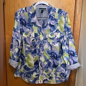 Karen Scott Blouse Purple Blue Green White Floral Shirt XL 100% Cotton